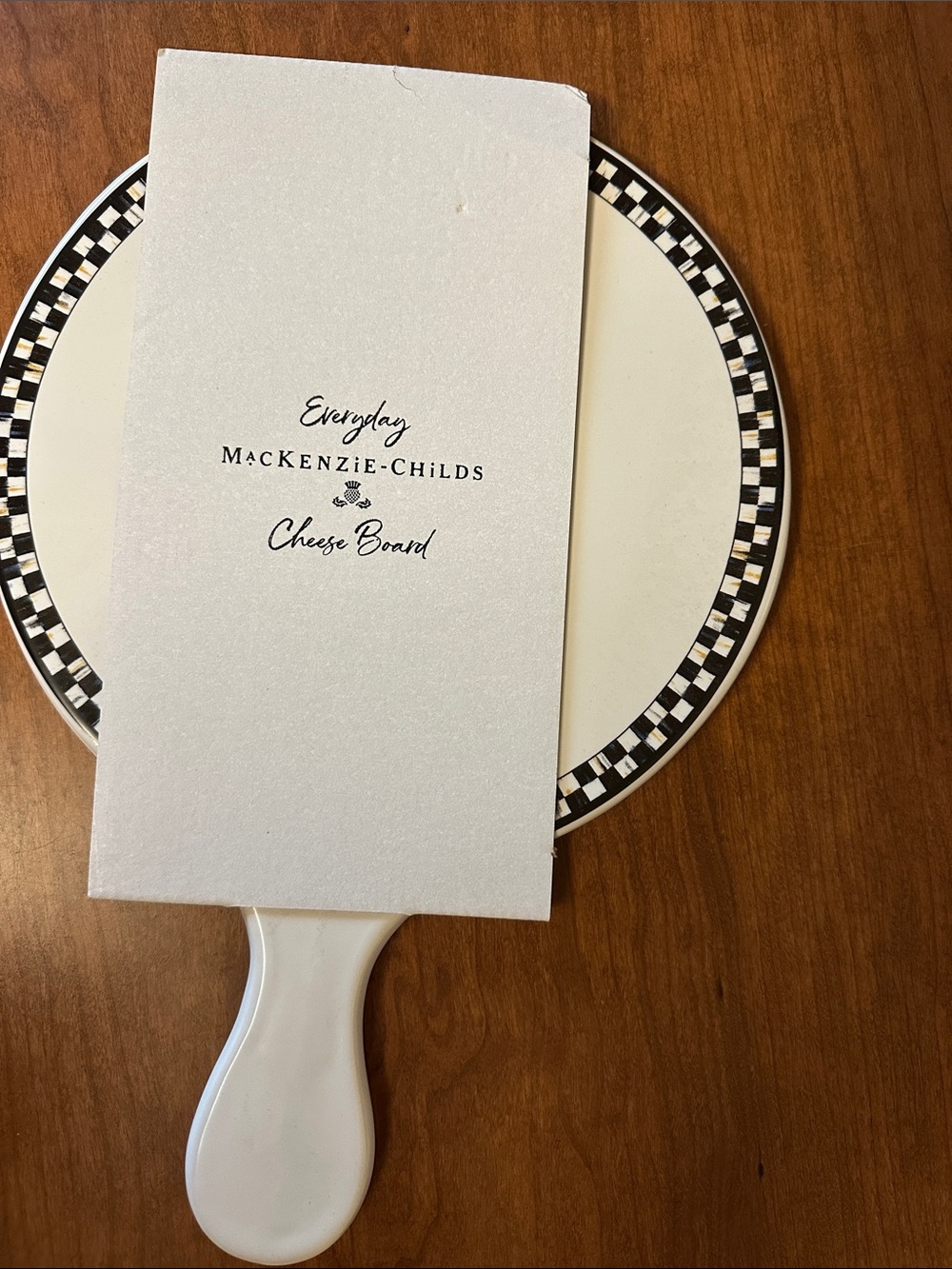 MacKenzie-Childs Black & White Check Round Cheese Board with White Handle